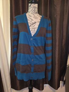 Decree Y2K Blue and Brown Striped Boyfriend Cardigan XL
